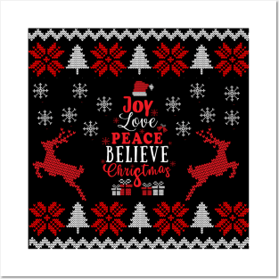 Joy Love Peace Believe Christmas Pattern Posters and Art